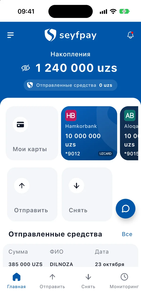 Главный экран приложения SeyfPay